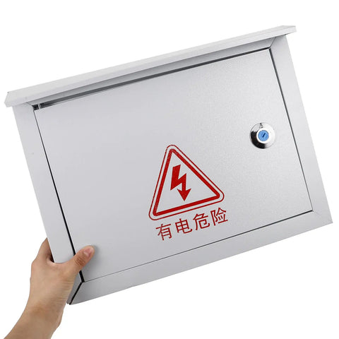 Front view of Weatherproof Metal Electrical Junction Box Outdoor Enclosure 300x400x160mm held by person showing lock and warning sign.