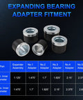 Universal Cam Bearing Installation And Removal Tool Kit with 1-1/8 to 2-2/3 inch adapters and fitment chart displayed.