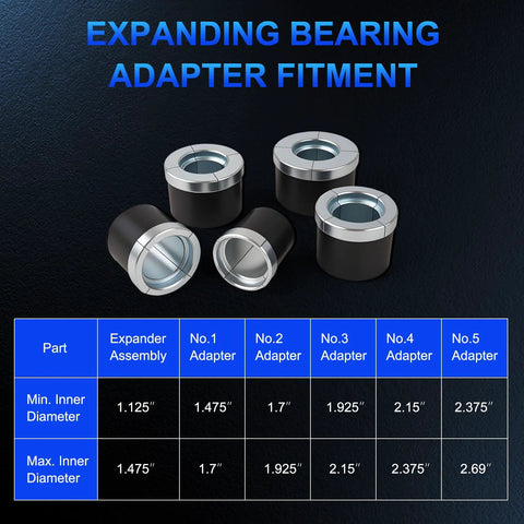 Universal Cam Bearing Installation And Removal Tool Kit with 1-1/8 to 2-2/3 inch adapters and fitment chart displayed.