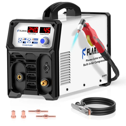 240V Plasma Cutter With Built In Air Compressor And High Frequency Inverter 45A Digital Cutting Machine Delivers Three Eighths Inch Clean Cut And Five Eighths Inch Max Cut No External Compressor Needed Easy Plug And Play No Fuss Setup, front view with accessories.