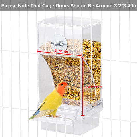 Automatic Bird Feeder And Water Dispenser Set For Cage With No Fuss Seed Catcher, showing dimensions and a parakeet.