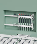Six Loop Stainment Steel Manifold For Radiant Heat With Flow Meters And One Half Inch Compression Fittings For Hydronic Infloor Heating System Pro Grade Build Homeowner Friendly Heavy Duty Ready To Install Auto Air Drain Mounting Hardware Included installed in wall with pipes