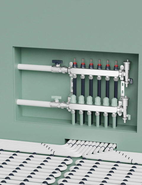 Six Loop Stainment Steel Manifold For Radiant Heat With Flow Meters And One Half Inch Compression Fittings For Hydronic Infloor Heating System Pro Grade Build Homeowner Friendly Heavy Duty Ready To Install Auto Air Drain Mounting Hardware Included installed in wall with pipes