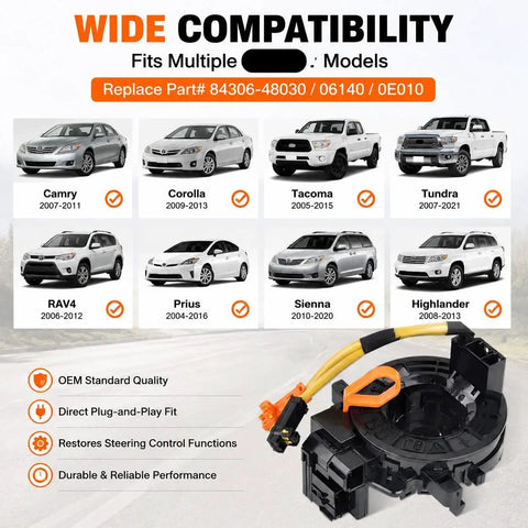 Top Tier Steering Clock Spring Tool Fits Toyota Tacoma Tundra Camry Corolla RAV4 Prius Sienna 4Runner Highlander Avalon Yaris Sequoia For Easy Reset And Quick Installation Replace Part Number 84306-06140 with multiple Toyota models shown.