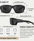 Ballistic Rated Safety Glasses Featuring Matte Graphite Grey Frame And Tungsten Mirror Lenses showing lens dimensions and fit details.