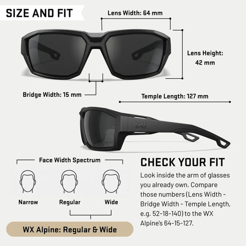 Ballistic Rated Safety Glasses Featuring Matte Graphite Grey Frame And Tungsten Mirror Lenses showing lens dimensions and fit details.