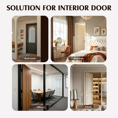 Square Spindle Door Latch Replacement With Adjustable Backset Quick Swap No Sweat Install For Bedroom And Bathroom Door Knob Assembly Rock Solid Stainless Steel Matte Black showcased in bathroom, bedroom, office, and closet settings.