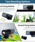 Rock Solid Automatic Fish Feeder With Nailed It Timing Accuracy And Rechargeable Battery, showing two mounting options for aquariums.