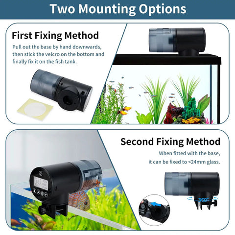 Rock Solid Automatic Fish Feeder With Nailed It Timing Accuracy And Rechargeable Battery, showing two mounting options for aquariums.