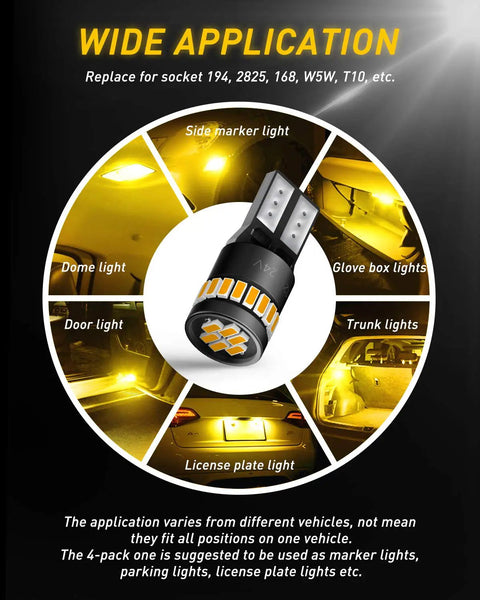 Amber Yellow 194 LED Wedge Light Kit, 12V 2W Per Bulb, 240 Lumens Each, diagram of light applications for cars.