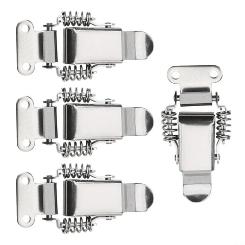 Four Pack Stainless Steel Spring Loaded Draw Latches With Double Action Clip Hasps For Toolboxes Suitcases Storage Boxes And Wooden Cabinets Rust Resistant Silver S 58x36mm And L 74x47mm displayed side by side