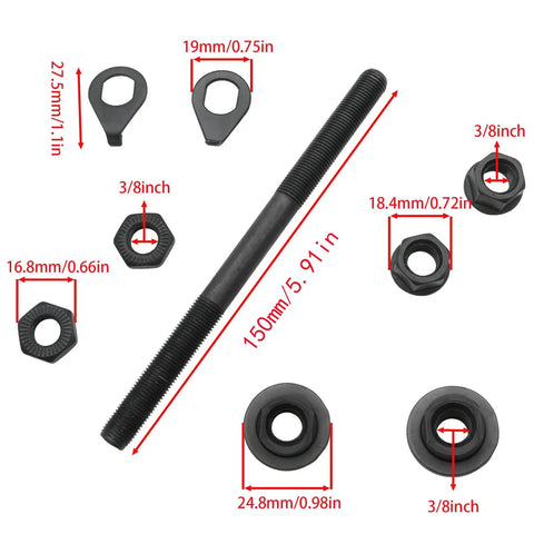 Bike Axle 150mm 3/8 Inch Front Hub Go-To Replacement For Most Bicycles Black Steel Shaft With Conical Lock Nut Washer Kit
