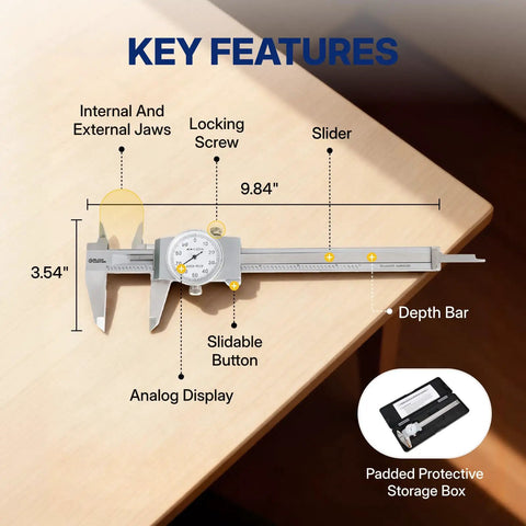 6 Inch Dial Caliper With 0.001 Inch Graduation Precise Inside And Outside Measurement Tool on wooden table, key features labeled.