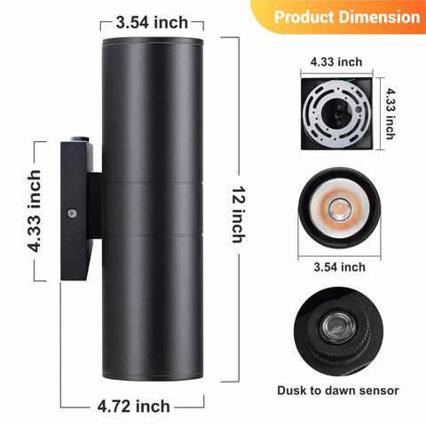 Dusk To Dawn Outdoor Wall Lights 2 Pack With 12W 2700K Integrated LED Cylinder Up Down Sconce IP65 Waterproof Aluminum Exterior Lighting For Porch And Patio Built In Sensor No Fuss Auto On At Night