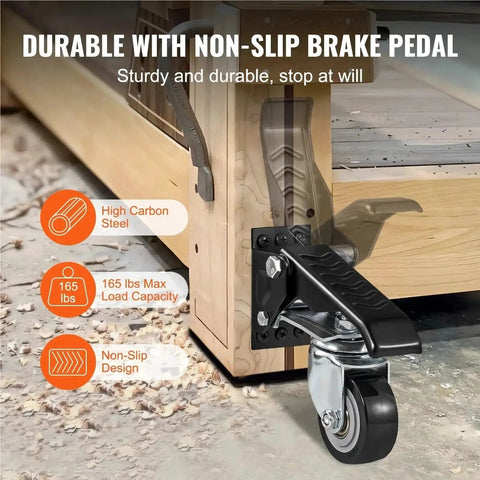 Rugged 2.5 Inch Retractable Step Down Caster Wheels Set Of 4 With 165 Lb Capacity Silent 360 Swivel Rollers For Workbenches Tables And Heavy Equipment Easy Side Mount Build No Sweat Setup with non-slip brake pedal.