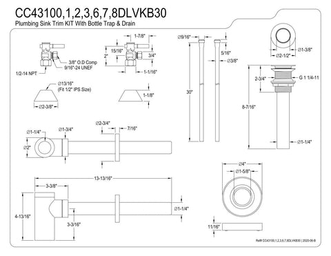 Technical drawing of Trimscape Modern Bathroom Sink Trim Kit With Bottle Trap And Drain In Antique Brass, dimensions included.