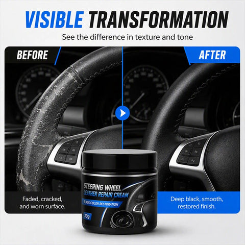 Before and after image showing Refresh Your Gnarled Steering Wheel With This Badass Nourishing Leather Restoration Cream.