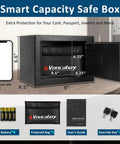 Open Compact Home Safe Box With Sensor Light Fireproof Money Safe For Your Cash Hideout 0.23 Cu Ft Security Safe With Digital Keypad And Passcode Lock Comes With Keys 9.05 W x 6.69 D x 6.69 H Black showing interior with accessories.