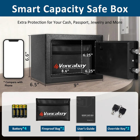 Open Compact Home Safe Box With Sensor Light Fireproof Money Safe For Your Cash Hideout 0.23 Cu Ft Security Safe With Digital Keypad And Passcode Lock Comes With Keys 9.05 W x 6.69 D x 6.69 H Black showing interior with accessories.