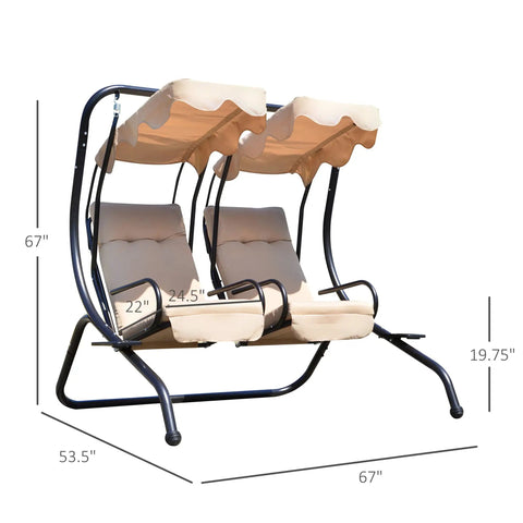 Double Seat Outdoor Patio Swing With Removable Canopy And Cup Holders, Perfect For Porch Or Garden And Poolside Hangouts, Sturdy