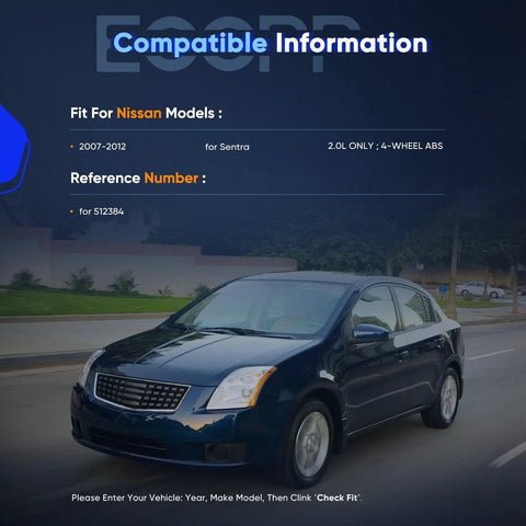 Blue Nissan Sentra indicating compatibility for rear wheel hub bearing assemblies with ABS 4 lug from 2007 to 2012 models