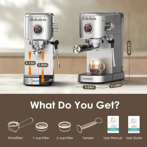 Top Tier 20 Bar Espresso Machine With Built In Milk Frother And Sleek Stainless Steel Build, Compact Home Coffee Maker dimensions and included accessories.
