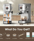 Top Tier 20 Bar Espresso Machine With Quick Heat Milk Frother And Powerhouse 1350W Pump Compact Stainless Steel Coffee Maker features and dimensions.