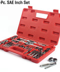 All-In-One Tap And Die Set For SAE And Metric Threads 80 Piece Premium Kit open red case displaying taps and dies