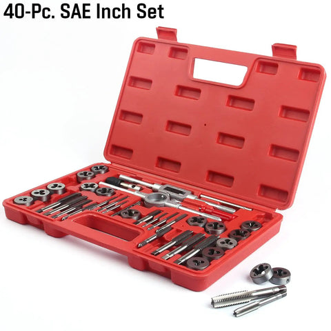 All-In-One Tap And Die Set For SAE And Metric Threads 80 Piece Premium Kit open red case displaying taps and dies