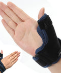 Thumb Brace Spica Splint for arthritis pain relief and tendonitis support, shown on left hand, with blue and black design.