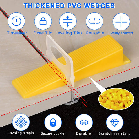 Pro Grade Tile Leveling System Clips Kit With 1/16 Inch Spacers, 4500-Piece Set and rubber mallet highlighting PVC wedges
