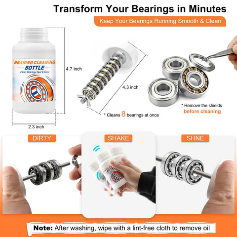 All In One Skate Bearing Cleaning Kit Portable Maintenance System With Cleaning Bottle 200ml Cleaner 100ml Lubricant Oil Bearing Press Puller And T Tool For Skateboard And Roller Skates, demonstrating bearing cleaning steps.