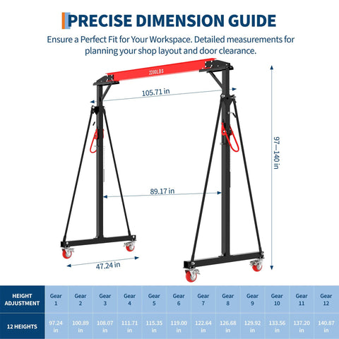 Hella Adjustable 1 Ton Gantry Crane, 2200 Lbs Portable Garage Hoist dimensions chart showing height and width specifications.