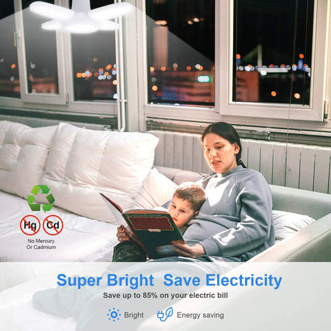 2 Pack LED Garage Light Bulbs 35W 150W Equivalent, E26 Base Daylight 6500K, illuminating a room with energy-efficient lighting
