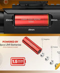 Premium 12 Gauge Laser Bore Sight For Shotguns Precision Red Dot Zeroing Aid shown in red with battery details and size dimensions.