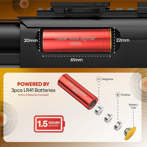 Premium 12 Gauge Laser Bore Sight For Shotguns Precision Red Dot Zeroing Aid shown in red with battery details and size dimensions.