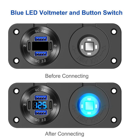 Heavy Duty Two In One Aluminum Panel With Four Usb Ports Paired With A Lighted 150 Watt Cig Socket And Built In Voltmeter showing blue LED voltmeter.