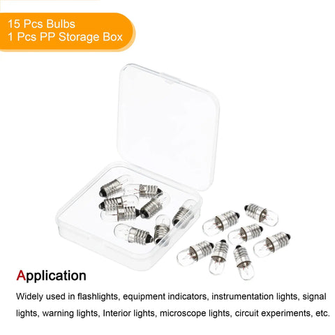 Premium E10 Miniature Bulbs 48 Volt 2 Watt Warm Yellow Light Screw Base Mini Lamps For Flashlights And Indicator Panels 15 Piece Pack in storage box.