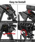 Steps to install 6 To 9 Inch Picatinny Bipod with adjustable legs on rifle. Steel and aluminum construction with Picatinny adapter.