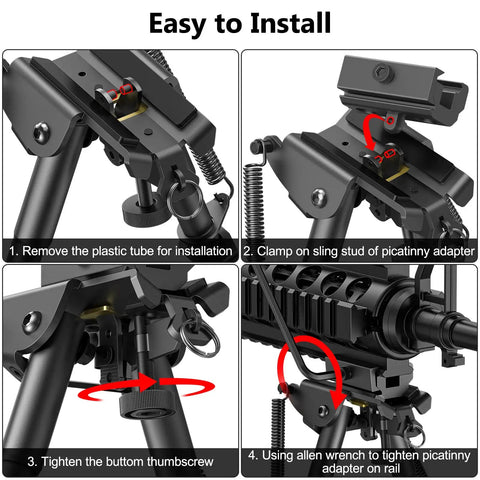 Steps to install 6 To 9 Inch Picatinny Bipod with adjustable legs on rifle. Steel and aluminum construction with Picatinny adapter.