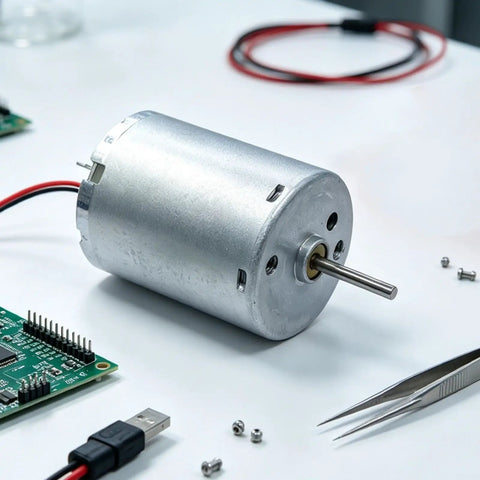 Top Shelf 24Mm RF-370CA DC Motor Goes Off At 12000RPM For Every Slick DIY Build Or Smart Lock Setup Runs Smooth On 6V To 12V With A Heavy Duty Metal Shaft on a table with electronic components.