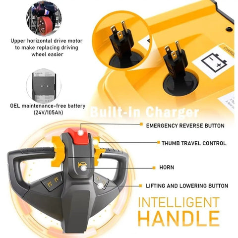 Battery Powered Electric Pallet Stacker Truck With Walk Behind Hydraulic Lift control handle features and built-in charger.
