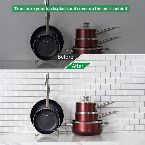 Before and after using Thicker Peel And Stick Backsplash Tiles Set 12x12 White With Gray Grout Subway Tile Look, shows kitchen upgrade.