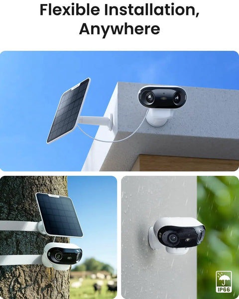 Argus 4 Pro 4K Solar Outdoor Wireless Camera With 180 Degree Dual Lens 8MP ColorX Night Vision on rooftop and tree