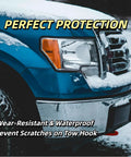 Red Tow Hook Covers For Ford F-150 2004-2024 And Toyota Tundra 2017-2021 on blue truck, front view with snow, rugged exterior trim