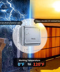 Weatherproof Wall Push Button Release Switch for Outdoor Gate Opener, Access Control and Doorbell Systems, rain and sun illustration.