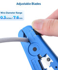 Close-up of Two Pack Tough As Nails Wire Strippers for Thick Wires with Adjustable Blade stripping 8 to 16 AWG cable, blue handle.