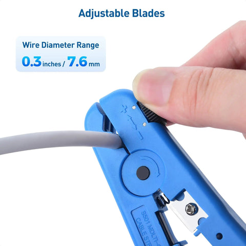 Close-up of Two Pack Tough As Nails Wire Strippers for Thick Wires with Adjustable Blade stripping 8 to 16 AWG cable, blue handle.