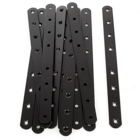 Built Tough Heavy Duty Mending Plates Black Corner Brackets 10 Inch Reinforcement Supports For Furniture Repair Wood Shelf Fixing Hardware Rust Proof Steel Flat Angle Connectors Quick Install Easy Fix 20 Pack displayed with 12 black mending plates arranged in a pile.