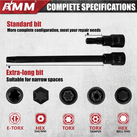 Image showing standard and extra-long bits from Beefy 107 Piece Socket Set With 1/4, 3/8 And 1/2 Inch Drives, including Torx and hex types.